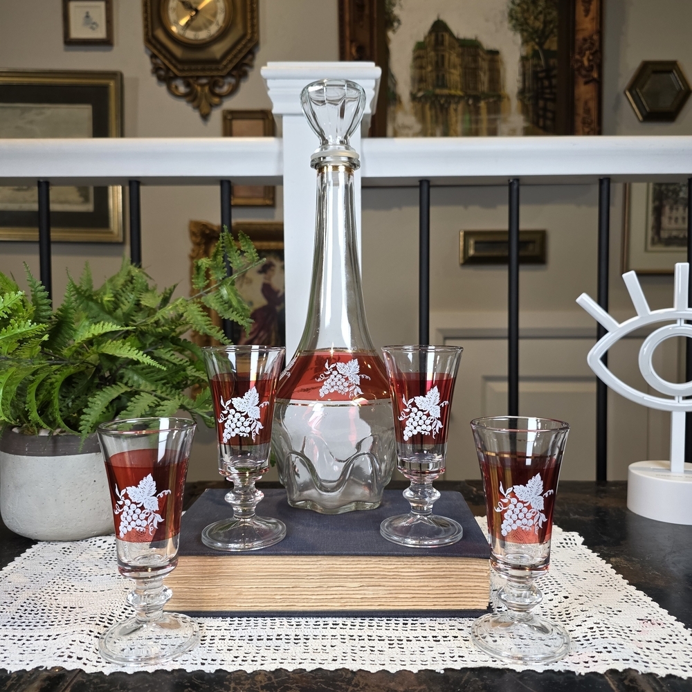 Vintage Lubiana 5PC Cordial Decanter Set Italian Ruby Red Grape Motif Barware